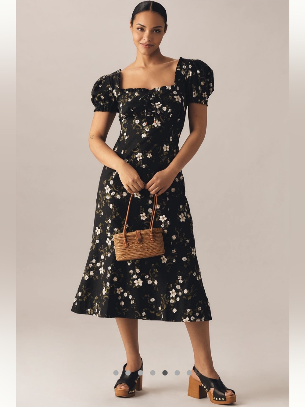 Anthropologie Black Floral Puff-Sleeve Midi Dress